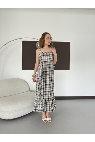 Verymoda Kadın Ekose Desenli Askı Bağlama Detaylı Maxi Elbise Siyah