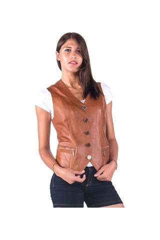 Dericlub Dc-001 Hakiki Deri Kadın Yelek Kahve