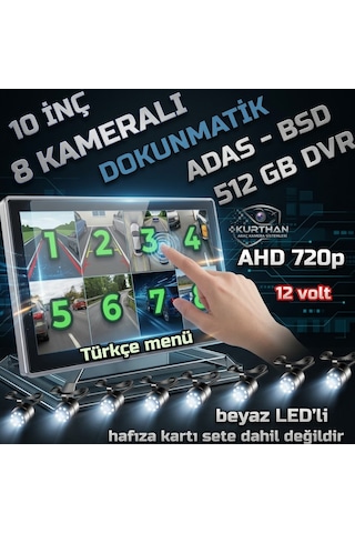 8 Adet Beyaz Ledli Ahd 720p Kelebek Kamera 10 İnç 8 Ch Dokunmatik Ekran 512 Gb Dvr Adas Bsd 12 Volt