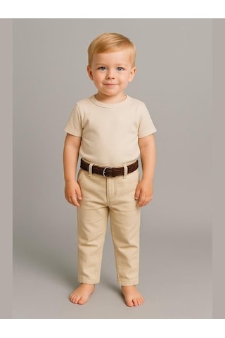 Nanica Kids Erkek Bebek Kemerli Cepli Keten Pantolon-16009 Krem