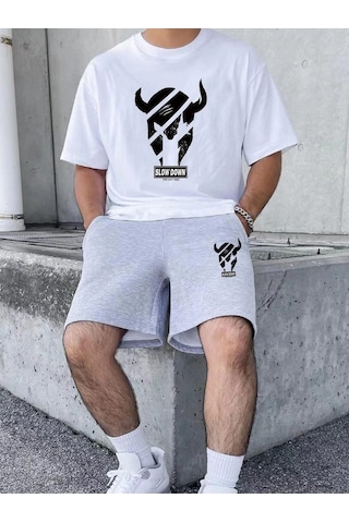 Slow Down Baskılı Gri Şort Beyaz T-shirt Takım Gri Beyaz