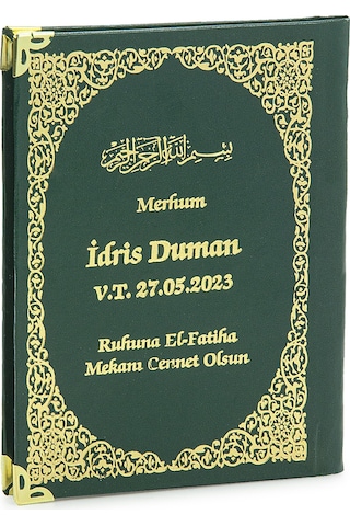 50 Adet İsim Baskılı Vav Desenli Yaldızlı Deri Ciltli Çanta Boy Yasin Kitabı Mevlüt Hediyesi 128 Sayfa Yeşil