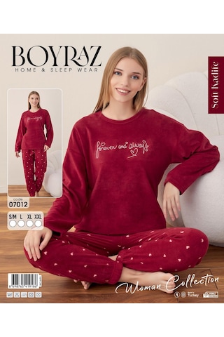 Boyraz Kadın Kışlık Bisiklet Yaka Soft Kadife Pijama Takımı 07012 - 1 Adet Kırmızı