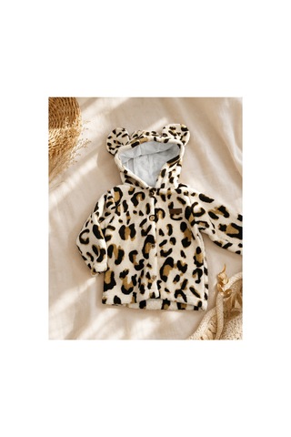 Omeca Concept Leopar Desenli Kapüşonlu Peluş Kız Çocuk Mont Kahverengi