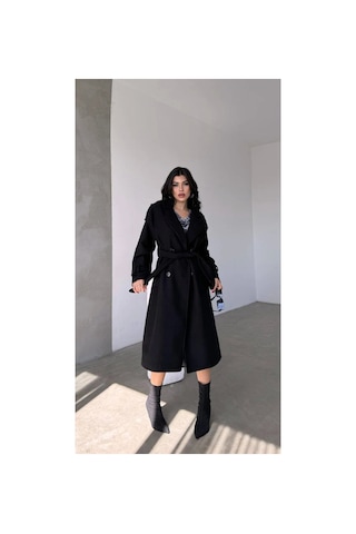 2ozbutik Kadın Siyah Kemerli Içi Astarlı Uzun Kaşe Kaban Siyah Siyah