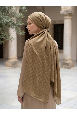 Camellia Scarfs İtalyan Jakar Şal Monogram Desen Sütlü Kahve - Lüks Stil