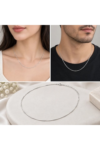 Premium Parlak Ve Şık İnce Gümüş Renk Yassı Zincir 316l Çelik Kolye 45cm