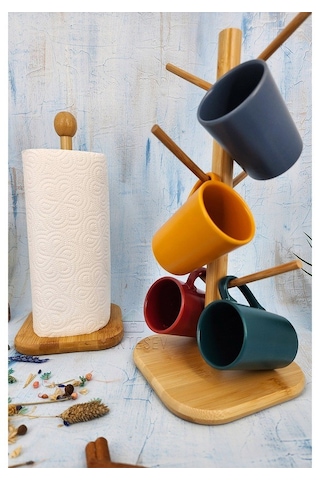 Ahşap Bambu Bardak Kupa Fincan Askılığı Kağıt Havluluk 2li Set