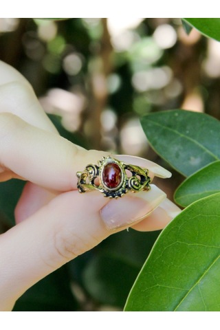 Doğal Taş Garnet Lal Doğal Taşlı Antik İşlemeli Ayarlanabilir Kadın Yüzük Euy36g MOR