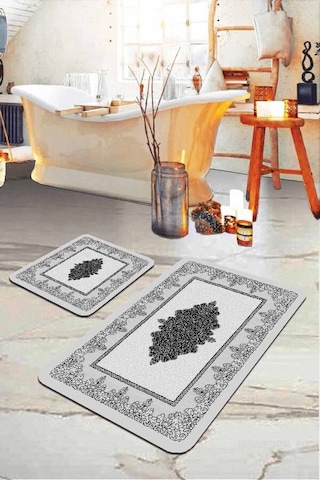 Gri Modern Klasik Banyo Halısı Klozet 2'li Paspas Seti Bs281n11