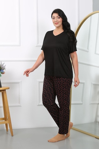 Akbeniz Kadın Büyük Beden Kısa Kol Penye Pijama Takımı Siyah 202406-siyah Siyah