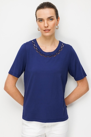 Kadın Sıfır Yaka Yakası Çift Şeritli Taşlı Penye T-shirt Lacivert Lacivert