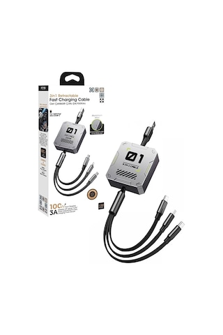 3in1 100w Geri Çekilebilir Hızlı Şarj Kablosu 120cm Usb To Ty