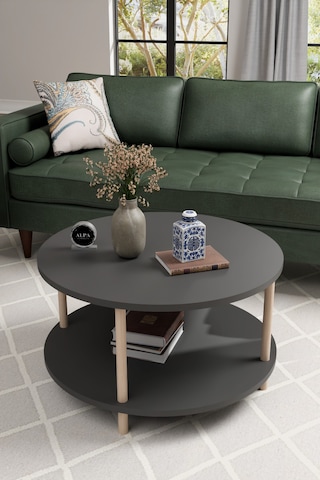 Alpaevmobilya Modern Yuvarlak Orta Sehpa 60 Cm 2 Raflı Ahşap Ayaklı Çok Amaçlı Organizer Sehpa Antrasit