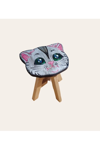 Sevimli Kedim Tamamı Ahşap El Yapımı Çocuk Taburesi