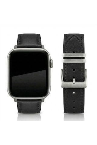 Apple Watch Uyumlu İnce Siyah Deri Kordon Metal Köprülü
