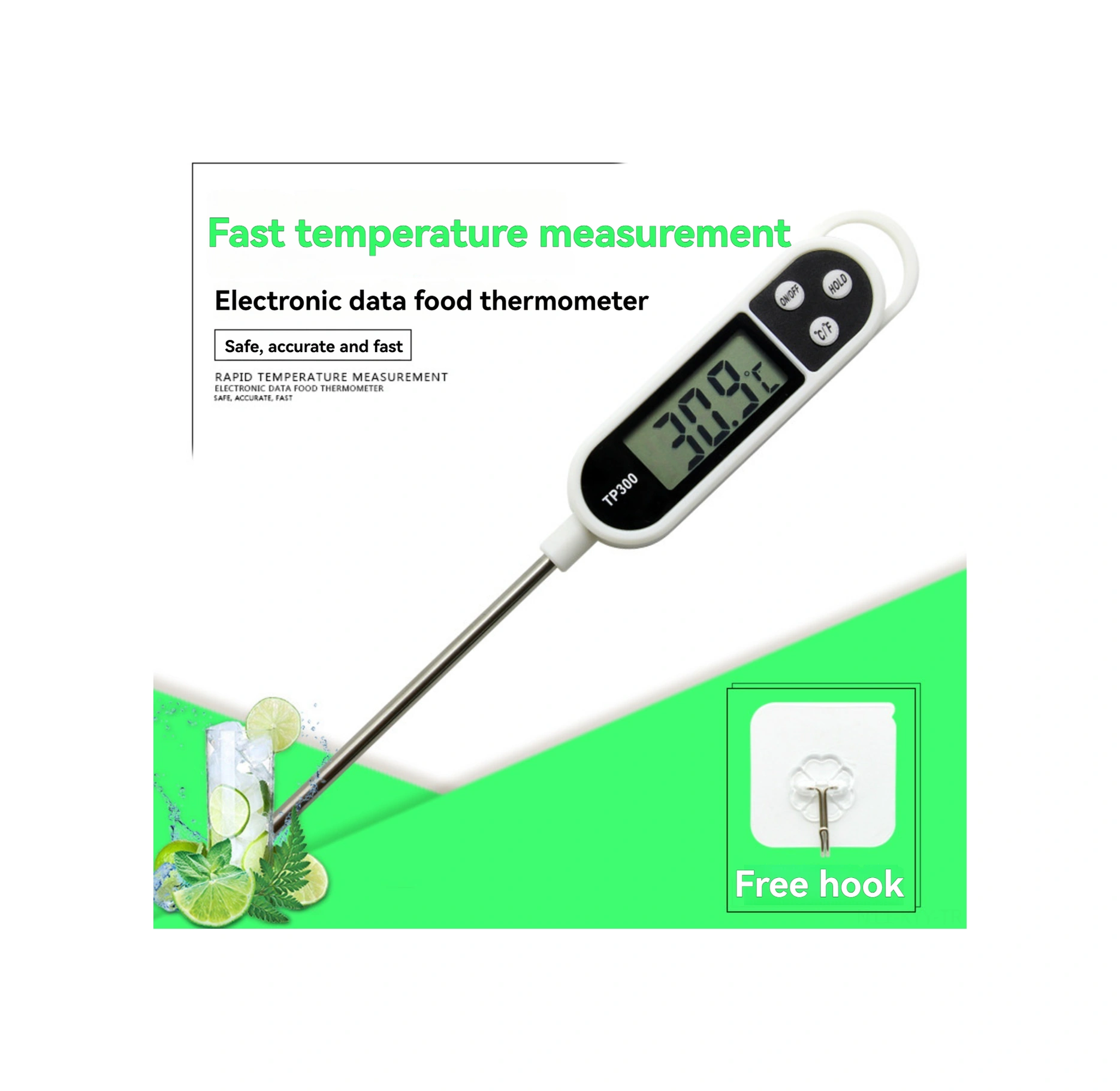 Yaleker Kalem Şeklinde Çelik Problu Dijital Gıda Sıcaklık Ölçer -50 C/+300 C Aralığında Hızlı Ölçüm, C/ F Dönüşümü, Hold Fonksiyonu Beyaz