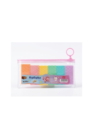 Gofret Tasarımlı 6'lı Pastel Fosforlu Kalem Seti - Şeffaf Çantalı Sevimli Kawaii İşaretleme Kalemi Pembe