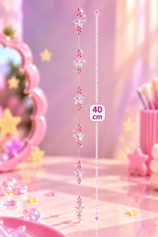 Işıltılı Yıldız Boncuklu Pembe Kristalli Çocuk Saç Süsü - 40 Cm Pratik Tel Toka İle Kullanım