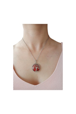 Mercan Doğal Taşlı Hayat Ağacı Çelik Kolye - Kadın Kırmızı