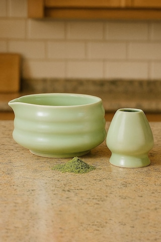 Seramik Chawan Matcha Çayı Köpürtme Kasesi Ve Whisk Matcha Tutucu Mt216 Yeşil