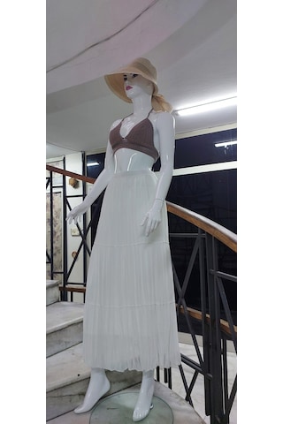 Eren Style Beli Lastikli Astarlı Uzun Şifon Etek-8960 Beyaz