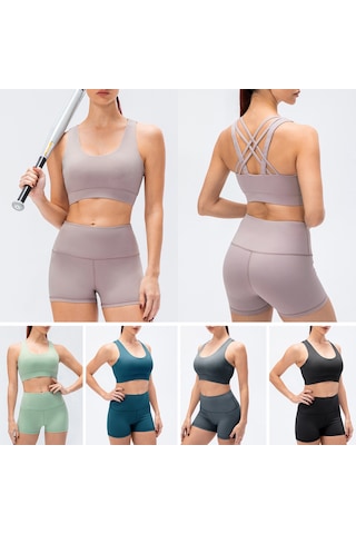 Yunboo Kadın Spor Sütyen Ve Şort Seti - Yoga Koşu İçin U Göğüslü Sırt Açık Model