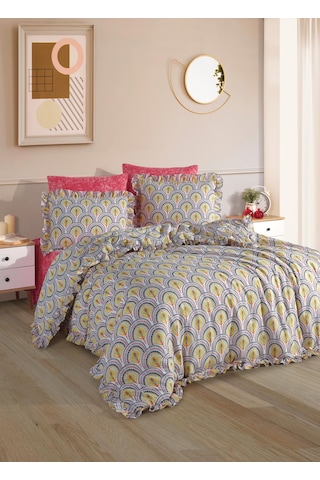 Uçkan Home Pamuklu Fırfırlı Çift Kişilik Nevresim Seti--retro Yelpaze Deseni--uh-00084 Gri - Sarı