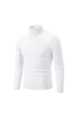 Yeni Erkek Yüksek Boyun Kazak Düz Renk Kazak Örme Sıcak Rahat Balıkçı Yaka Eşofman Yün Erkek Kış Açık Üstleri Beyaz