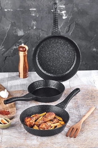 Leony 3 Parça Tava Seti 20 CM-24 CM-28 CM Siyah Döküm Granit Kaplama