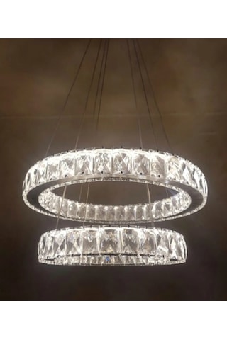 Ala Lighting Plaket Kristal Taş İşlemeli Krom Paslanmaz 2 Halka Led Avize Kumandalı Modern Sarkıt Avize Krom Ayna Ayna Krom