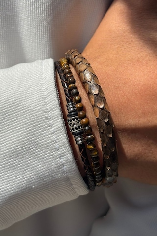 Doğal Taşlı Yılan Derisi Desenli El İşçiliği İle Üretilmiş Hakiki Deri Erkek Bileklik Koyu Kahve