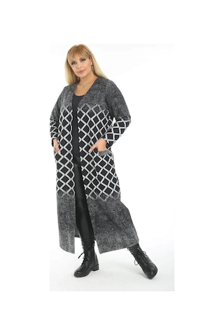 Mia Butik Büyük Beden Gri Geometrik Desenli Uzun Hırka Gri