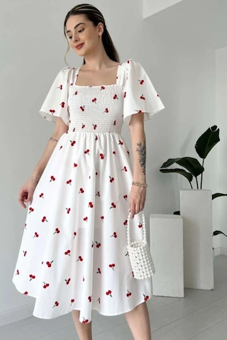 Gipeli Kemerli Kare Yaka Elbise Uzun Poplin Elbise Beyaz