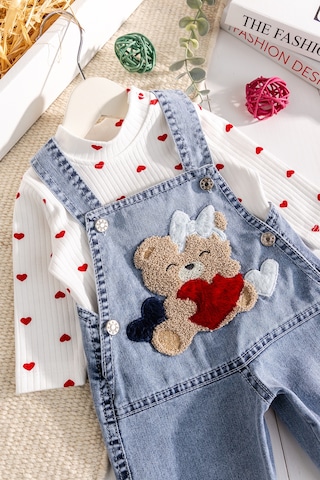 Babymod Ayıcık Figürlü Denim 2'li Kız Bebek Kot Salopet Tulum Mavi