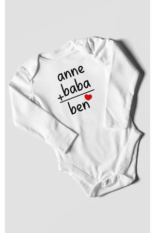 Anne Baba Ve Ben Baskılı Bebek Zıbını Çıtçıtlı Body %100 Pamuk Uzun Kol Beyaz