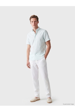 Lc Waikiki Lc Waıkıkı Turkuaz Regular Fit Çizgili Keten Karışımlı Erkek Gömlek