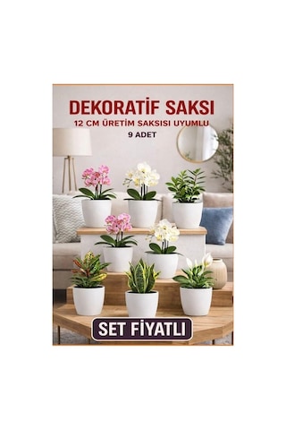 Hüskon Ticaret Dekoratif Saksı Seti 9 Adet - 12 Cm Üretim Saksısına Uyumlu, Beyaz Saksı - Modern Çiçek Saksısı