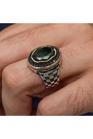 Oval Yeşil Taşlı Kordon Modeli 925 Gümüş Erkek Yüzük Beyaz