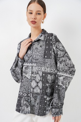 Bigdart Kadın Oversize Desenli Saten Gömlek 20365 - Antrasit