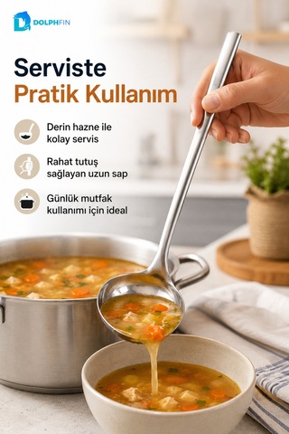 28 Cm Paslanmaz Çelik Çorba Kepçesi Derin Hazneli Uzun Saplı Servis Kepçesi