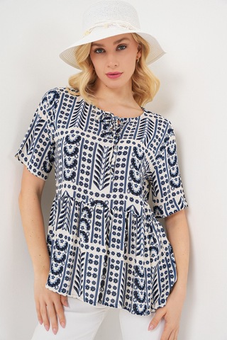 Kadın Desenli Kısa Kol Bluz 969 - İndigo Indigo