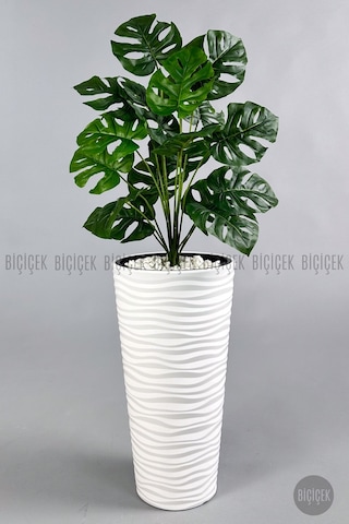 Biçiçek Yapay Monstera Deve Tabani Bi̇tki̇si̇ 130 Cm Beyaz Kumsal Saksıda