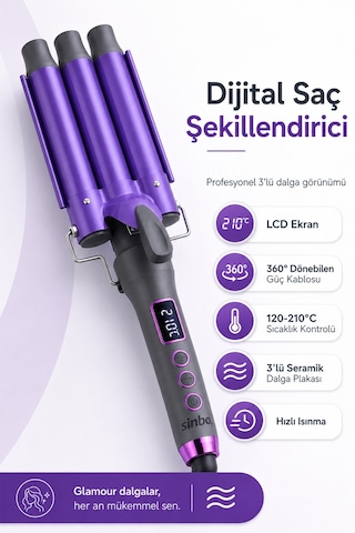 Shd 1701 Dijital Su Dalgası Saç Maşası Lcd Ekranlı 3 Lü Seramik 25 Mm Saç Şekillendirici