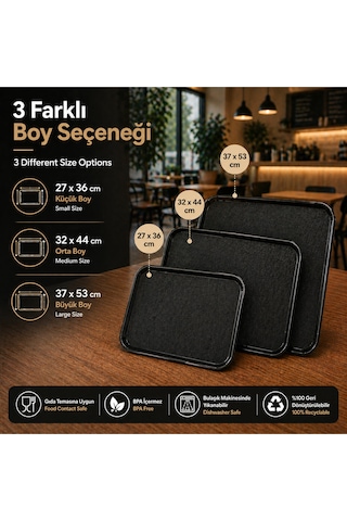Abs Servis Tepsisi Kaymaz Yüzeyli 32x44 Cm Siyah Renk Endüstriyel Kullanıma Uygun, Kırılmaz, Bpa Free 7 Renk Seçenekli
