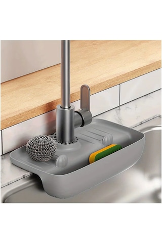 Gri Musluk Düzenleyici Evyelik Mutfak Lavabo Tezgah Üzeri Bölmeli Organizer Gri