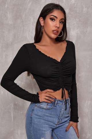 Epilons Zenviaatt2 Kadın Siyah Uzun Kollu Büzdürme Bağcık Detaylı Crop Top Bluz Zenvi312