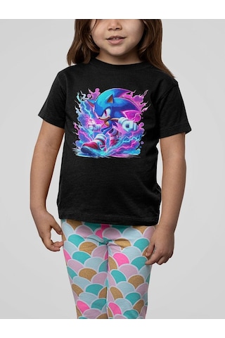 Sevbano Tasarım Süper Sonic Baskılı Unisex Çizgi Film Çocuk Tişört 1-12 Siyah