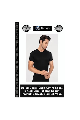 Terrien Delux Serisi Sade Giyim Sokak Erkek Slim Fit Dar Kesim Pamuklu Siyah Bisiklet Yaka