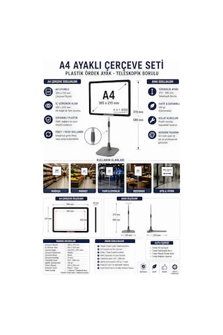 10 Adet - A4 Ayaklı Fiyat Etiketlik Teleskopik Borulu Çerçeve Etiketlik Yönlendirme Levhası Menü Panosu Turkuaz